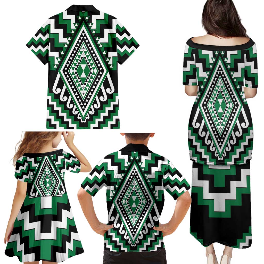 Green Aotearoa Taniko Poutama Patikitiki Family Matching Puletasi and Hawaiian Shirt LT14 - Polynesian Pride
