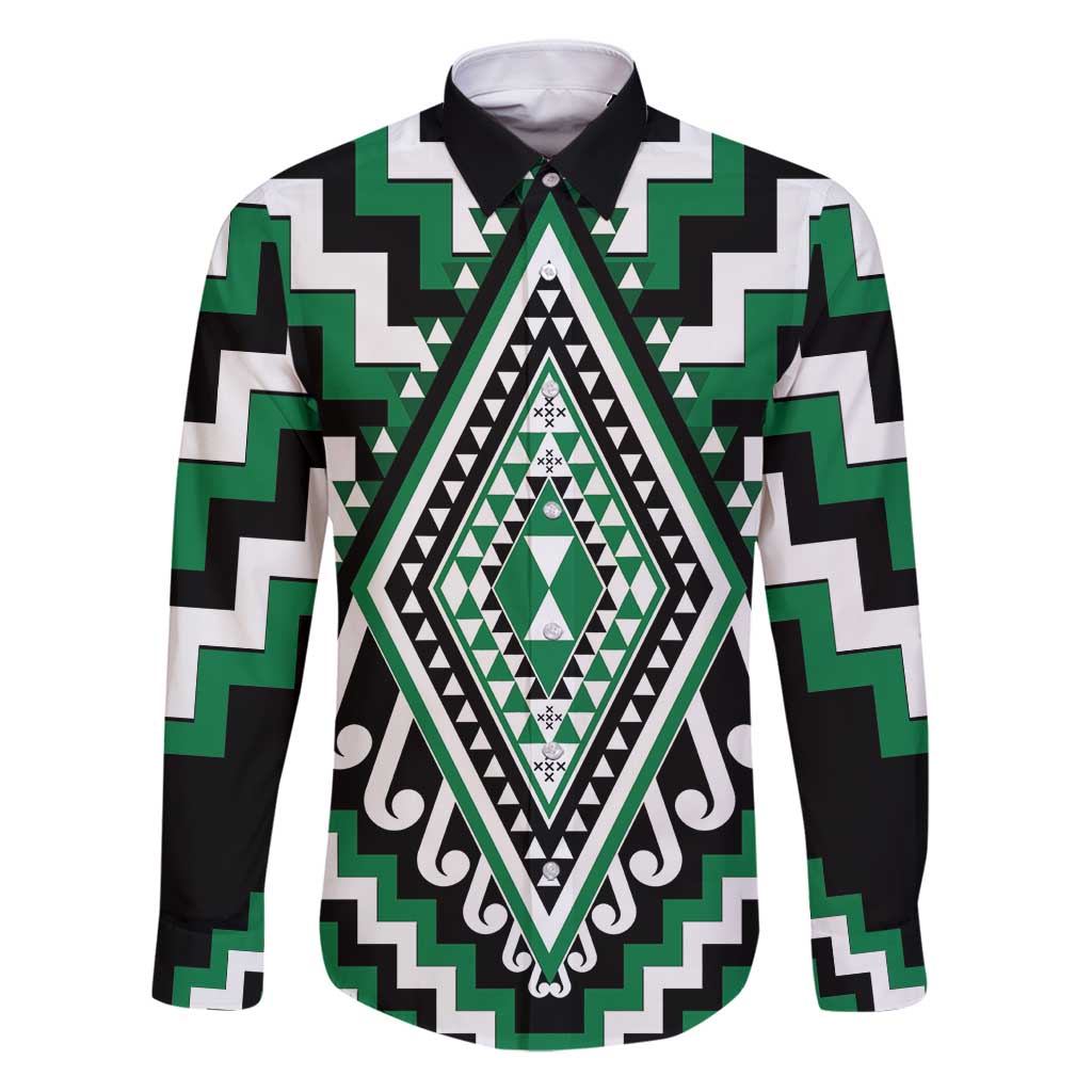Green Aotearoa Taniko Poutama Patikitiki Family Matching Puletasi and Hawaiian Shirt LT14 Dad's Shirt - Long Sleeve Green - Polynesian Pride