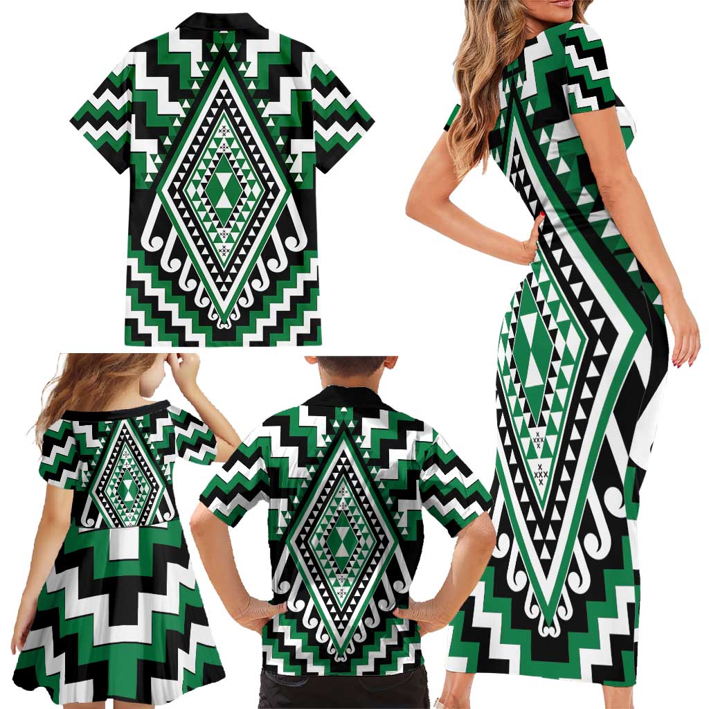 Green Aotearoa Taniko Poutama Patikitiki Family Matching Short Sleeve Bodycon Dress and Hawaiian Shirt LT14 - Polynesian Pride