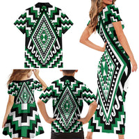 Green Aotearoa Taniko Poutama Patikitiki Family Matching Short Sleeve Bodycon Dress and Hawaiian Shirt LT14 - Polynesian Pride