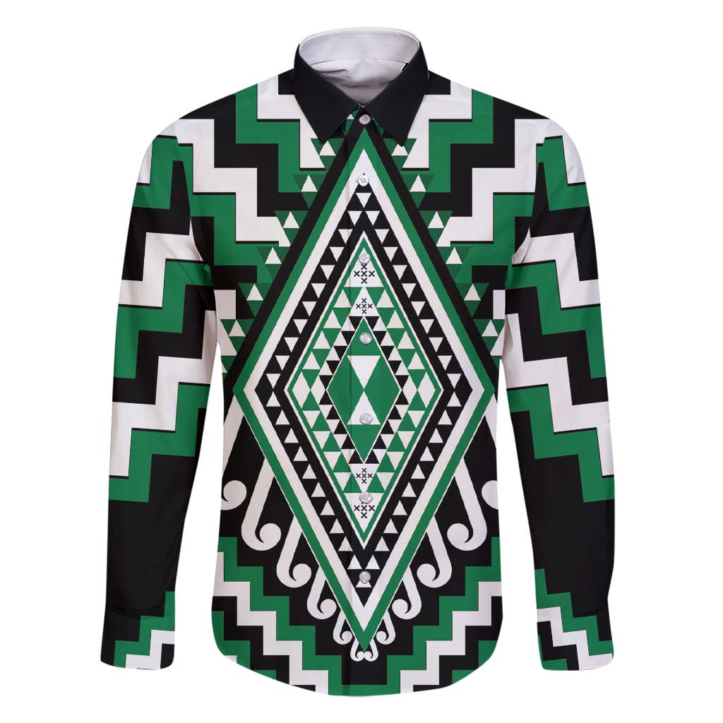 Green Aotearoa Taniko Poutama Patikitiki Family Matching Short Sleeve Bodycon Dress and Hawaiian Shirt LT14 Dad's Shirt - Long Sleeve Green - Polynesian Pride