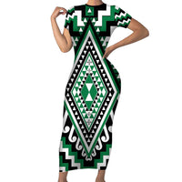 Green Aotearoa Taniko Poutama Patikitiki Family Matching Short Sleeve Bodycon Dress and Hawaiian Shirt LT14 Mom's Dress Green - Polynesian Pride