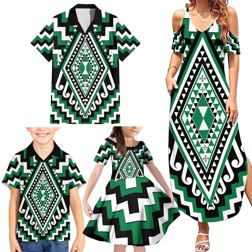 Green Aotearoa Taniko Poutama Patikitiki Family Matching Summer Maxi Dress and Hawaiian Shirt LT14 - Polynesian Pride