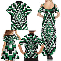 Green Aotearoa Taniko Poutama Patikitiki Family Matching Summer Maxi Dress and Hawaiian Shirt LT14 - Polynesian Pride