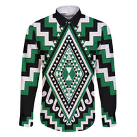 Green Aotearoa Taniko Poutama Patikitiki Family Matching Summer Maxi Dress and Hawaiian Shirt LT14 Dad's Shirt - Long Sleeve Green - Polynesian Pride