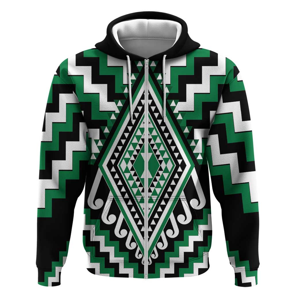 Green Aotearoa Taniko Poutama Patikitiki Hoodie LT14 Zip Hoodie Green - Polynesian Pride