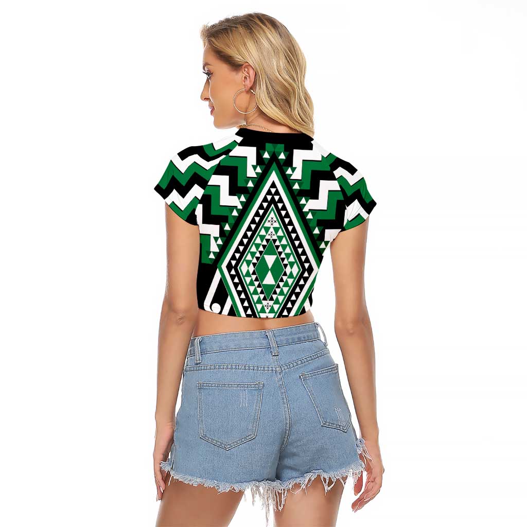 Green Aotearoa Taniko Poutama Patikitiki Raglan Cropped T Shirt