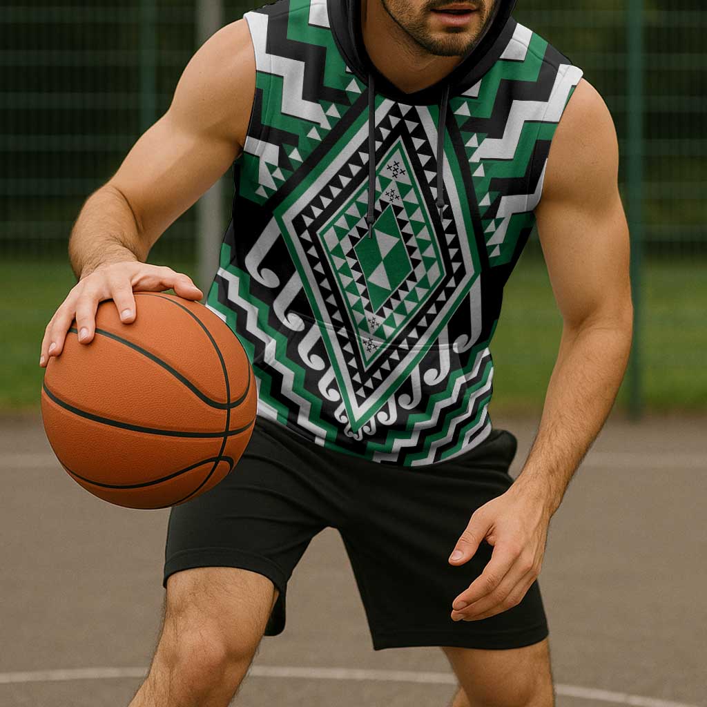 Green New Zealand Taniko Poutama Patikitiki Sleeveless Hoodie LT14 - Polynesian Pride