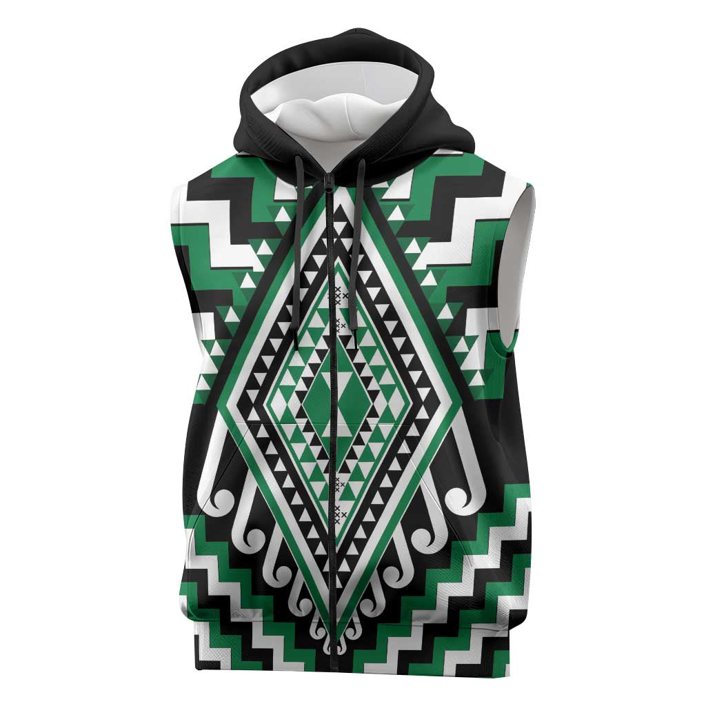 Green New Zealand Taniko Poutama Patikitiki Sleeveless Zip Hoodie LT14 Green - Polynesian Pride