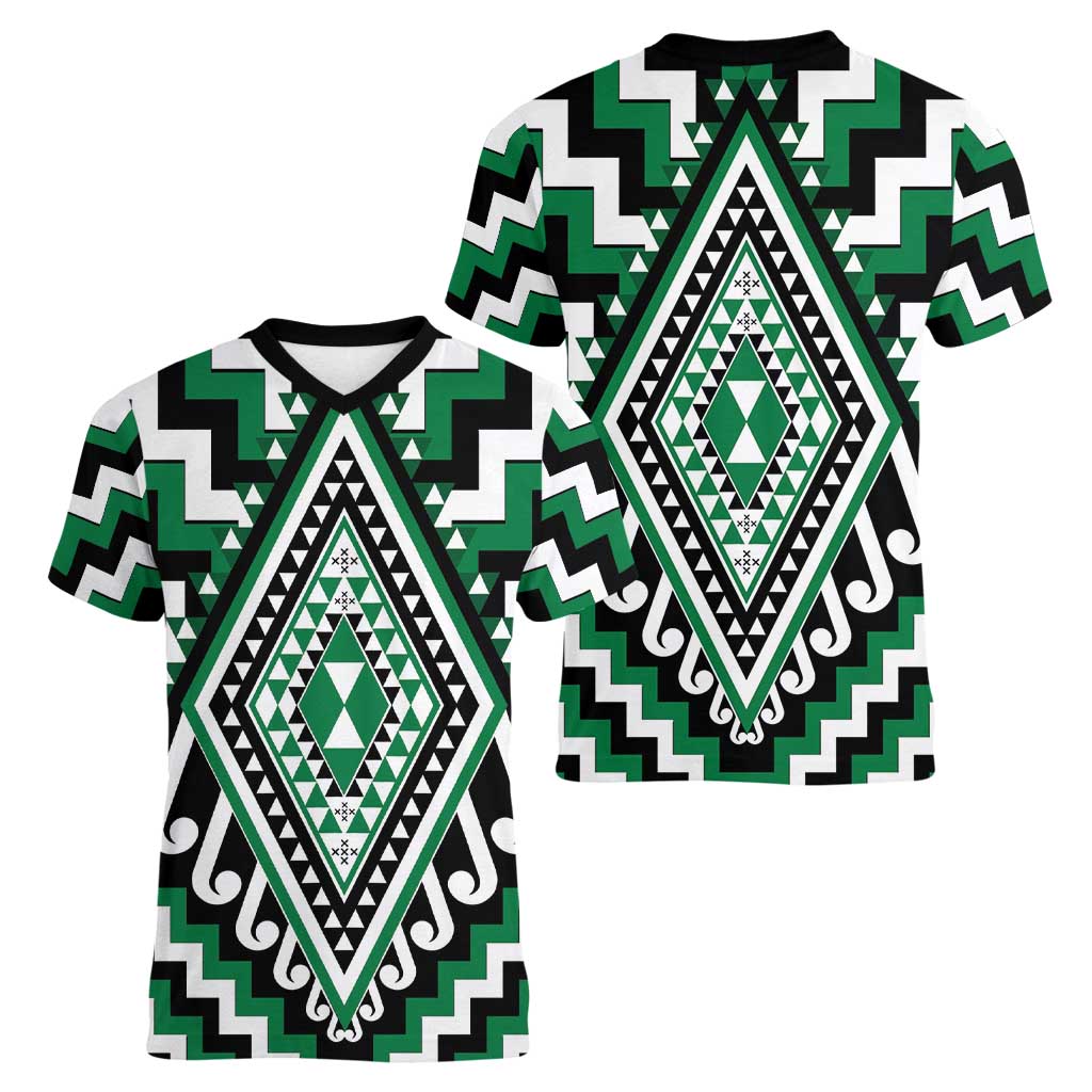 Green Aotearoa Taniko Poutama Patikitiki Women V-Neck T-Shirt