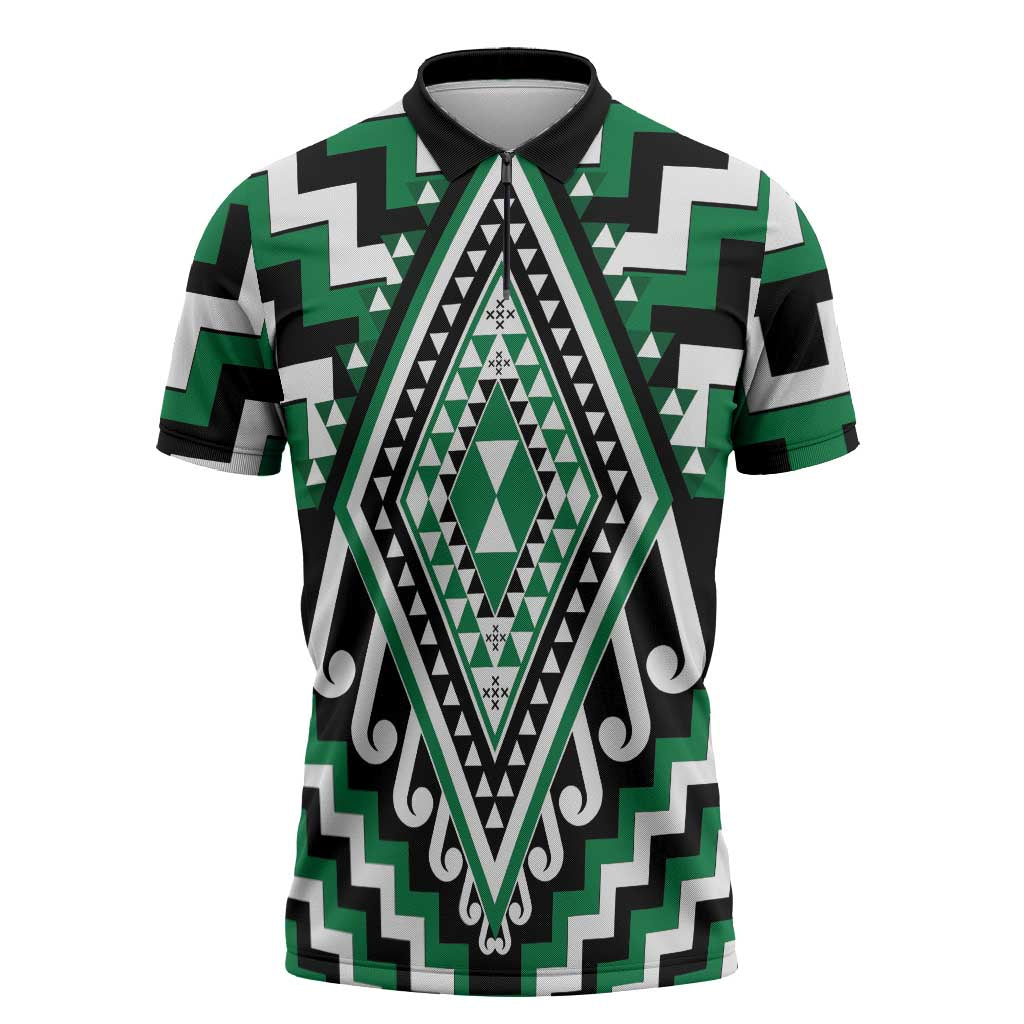 Green New Zealand Taniko Poutama Patikitiki Zipper Polo Shirt LT14 Green - Polynesian Pride