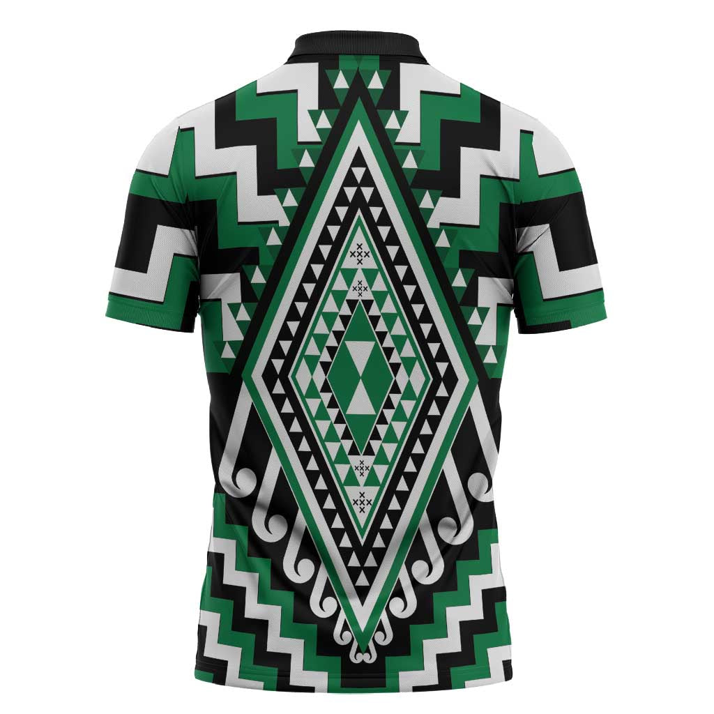 Green New Zealand Taniko Poutama Patikitiki Zipper Polo Shirt LT14 - Polynesian Pride