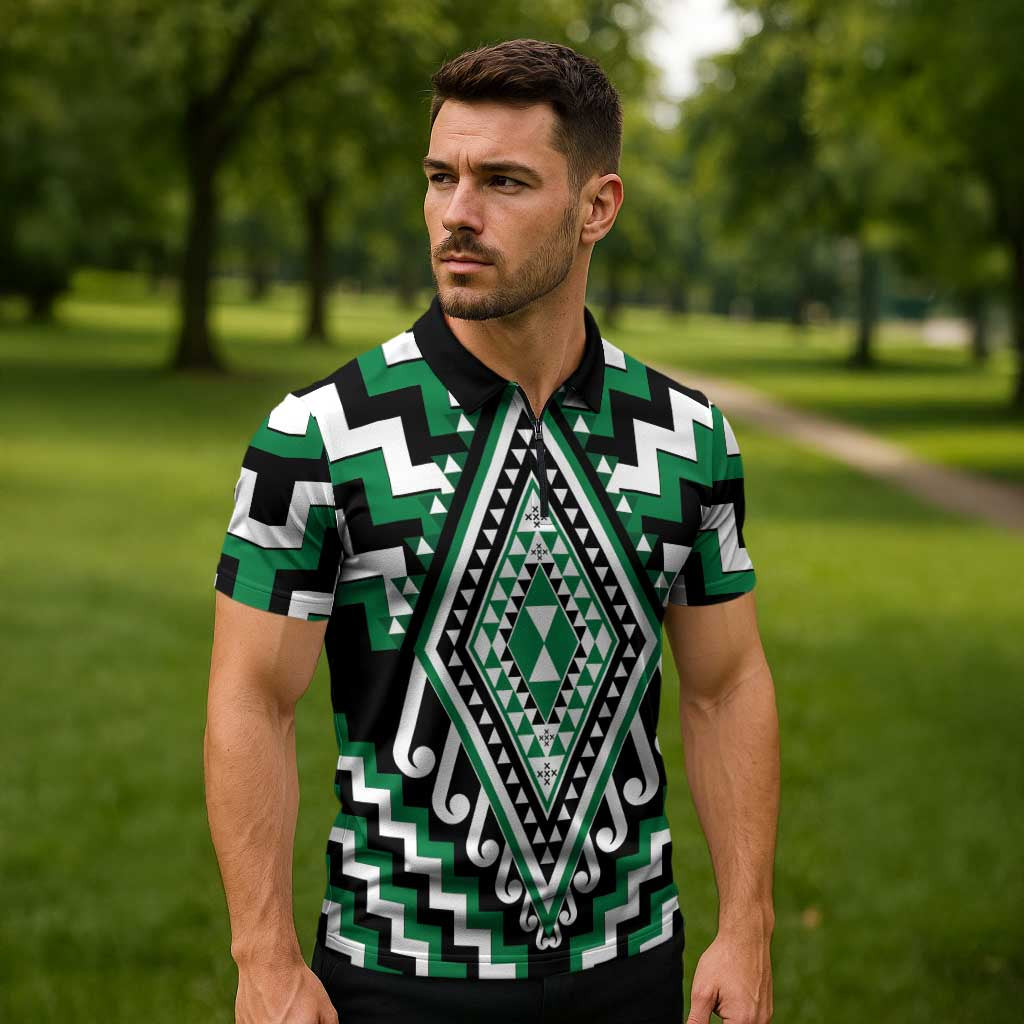 Green New Zealand Taniko Poutama Patikitiki Zipper Polo Shirt LT14 - Polynesian Pride