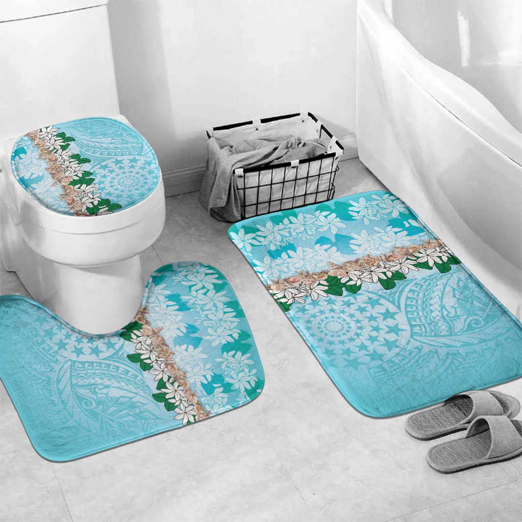 Cook Islands Tiare Maori With Conch Shell Bathroom Set Pasifika Fest Polynesian Tattoo Turquoise LT14 Mat Set Only (3 pcs) One Size Turquoise - Polynesian Pride