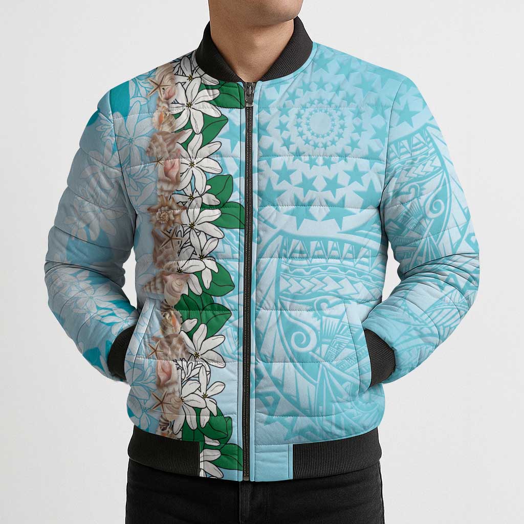 Cook Islands Tiare Maori With Conch Shell Bomber Puffer Jacket Pasifika Fest Polynesian Tattoo Turquoise
