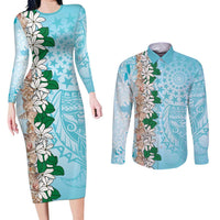 Cook Islands Tiare Maori With Conch Shell Couples Matching Long Sleeve Bodycon Dress and Long Sleeve Button Shirt Pasifika Fest Polynesian Tattoo Turquoise LT14 Turquoise - Polynesian Pride