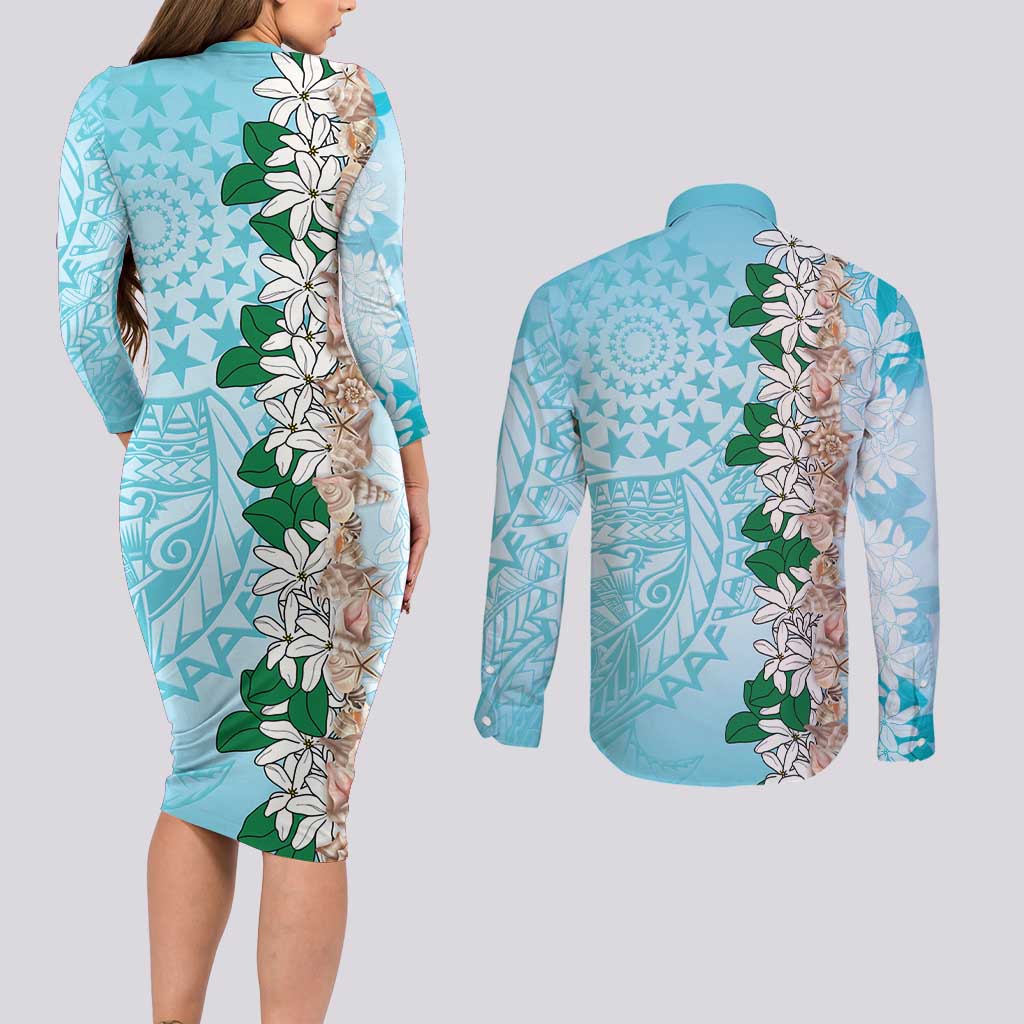Cook Islands Tiare Maori With Conch Shell Couples Matching Long Sleeve Bodycon Dress and Long Sleeve Button Shirt Pasifika Fest Polynesian Tattoo Turquoise LT14 - Polynesian Pride