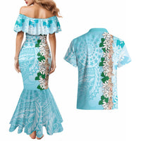 Cook Islands Tiare Maori With Conch Shell Couples Matching Mermaid Dress and Hawaiian Shirt Pasifika Fest Polynesian Tattoo Turquoise LT14 - Polynesian Pride