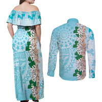 Cook Islands Tiare Maori With Conch Shell Couples Matching Off Shoulder Maxi Dress and Long Sleeve Button Shirt Pasifika Fest Polynesian Tattoo Turquoise LT14 - Polynesian Pride