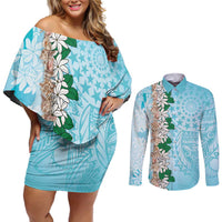 Cook Islands Tiare Maori With Conch Shell Couples Matching Off Shoulder Short Dress and Long Sleeve Button Shirt Pasifika Fest Polynesian Tattoo Turquoise LT14 Turquoise - Polynesian Pride