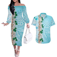 Cook Islands Tiare Maori With Conch Shell Couples Matching Off The Shoulder Long Sleeve Dress and Hawaiian Shirt Pasifika Fest Polynesian Tattoo Turquoise LT14 Turquoise - Polynesian Pride