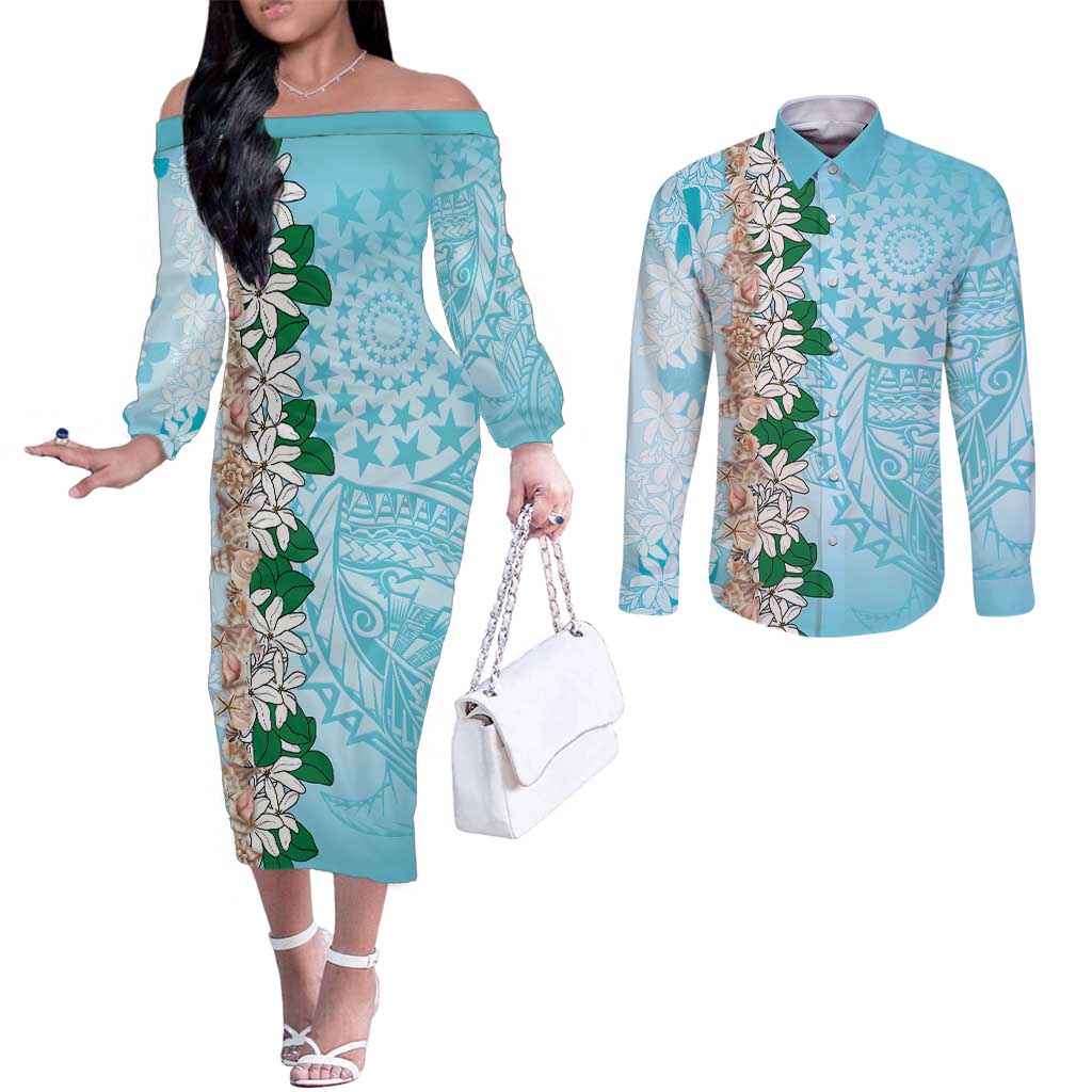 Cook Islands Tiare Maori With Conch Shell Couples Matching Off The Shoulder Long Sleeve Dress and Long Sleeve Button Shirt Pasifika Fest Polynesian Tattoo Turquoise LT14 Turquoise - Polynesian Pride