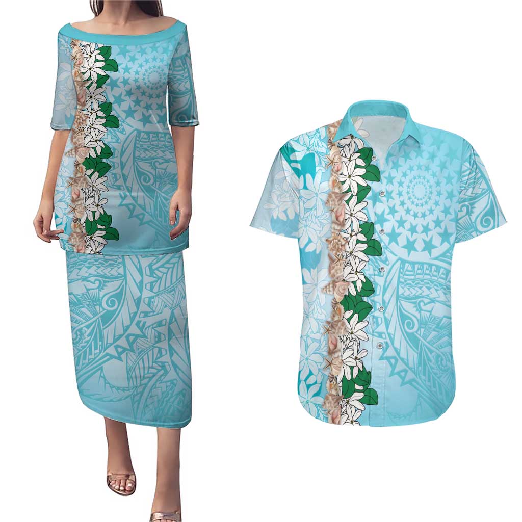 Cook Islands Tiare Maori With Conch Shell Couples Matching Puletasi and Hawaiian Shirt Pasifika Fest Polynesian Tattoo Turquoise LT14 Turquoise - Polynesian Pride
