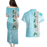 Cook Islands Tiare Maori With Conch Shell Couples Matching Puletasi and Hawaiian Shirt Pasifika Fest Polynesian Tattoo Turquoise LT14 - Polynesian Pride