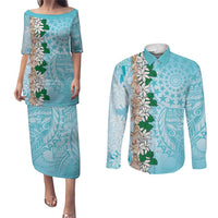 Cook Islands Tiare Maori With Conch Shell Couples Matching Puletasi and Long Sleeve Button Shirt Pasifika Fest Polynesian Tattoo Turquoise LT14 Turquoise - Polynesian Pride