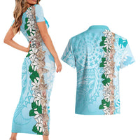 Cook Islands Tiare Maori With Conch Shell Couples Matching Short Sleeve Bodycon Dress and Hawaiian Shirt Pasifika Fest Polynesian Tattoo Turquoise LT14 - Polynesian Pride