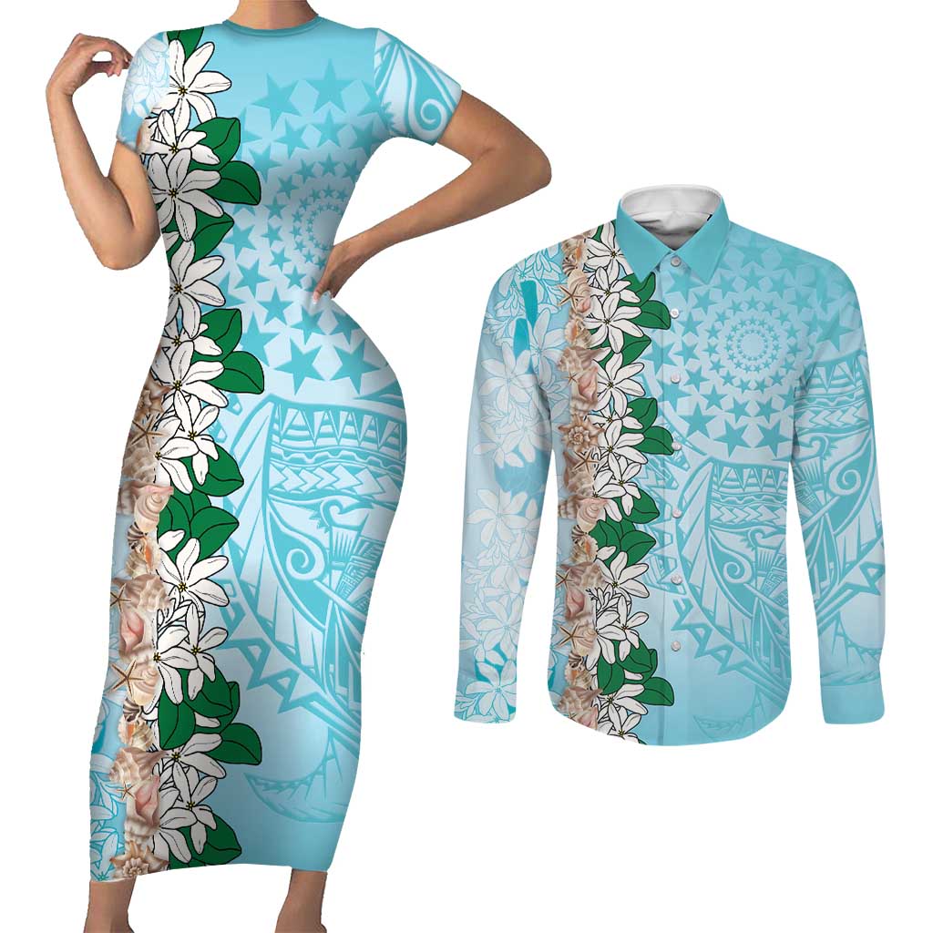 Cook Islands Tiare Maori With Conch Shell Couples Matching Short Sleeve Bodycon Dress and Long Sleeve Button Shirt Pasifika Fest Polynesian Tattoo Turquoise