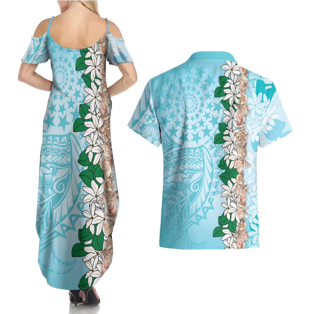 Cook Islands Tiare Maori With Conch Shell Couples Matching Summer Maxi Dress and Hawaiian Shirt Pasifika Fest Polynesian Tattoo Turquoise LT14 - Polynesian Pride