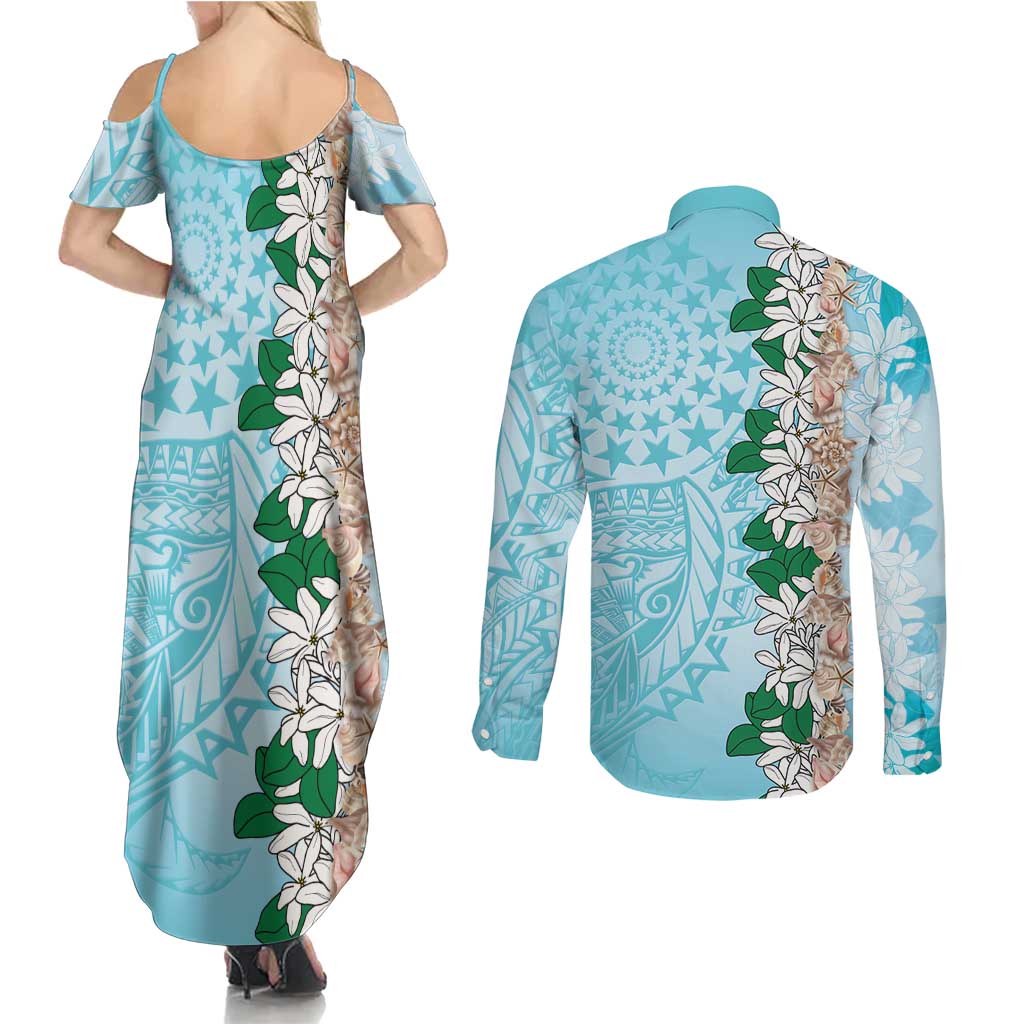 Cook Islands Tiare Maori With Conch Shell Couples Matching Summer Maxi Dress and Long Sleeve Button Shirt Pasifika Fest Polynesian Tattoo Turquoise LT14 - Polynesian Pride