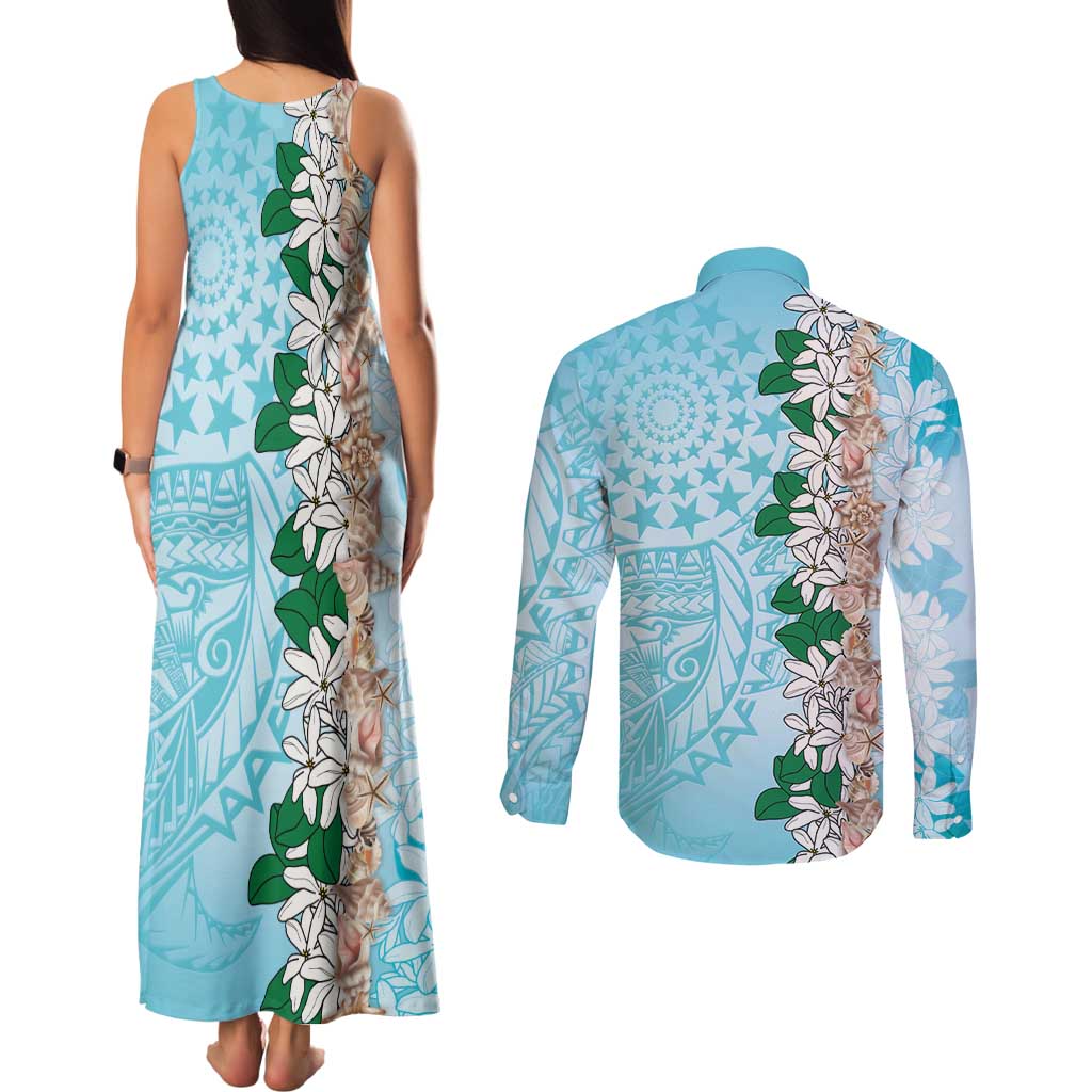 Cook Islands Tiare Maori With Conch Shell Couples Matching Tank Maxi Dress and Long Sleeve Button Shirt Pasifika Fest Polynesian Tattoo Turquoise LT14 - Polynesian Pride