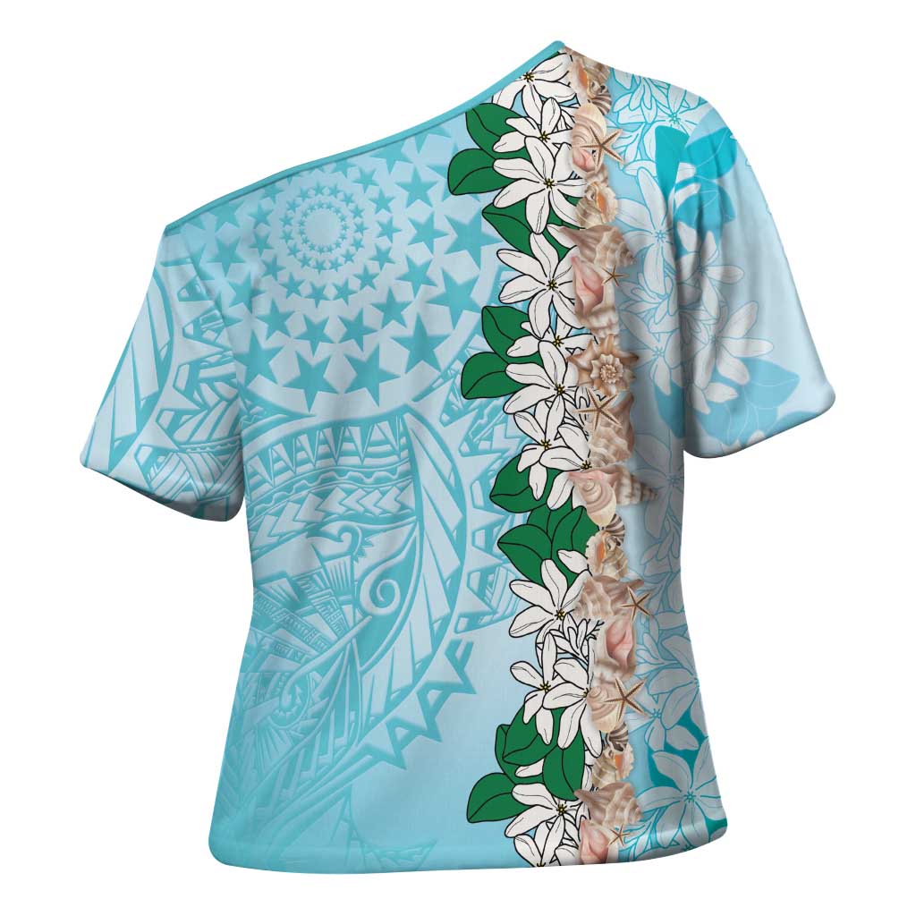 Cook Islands Tiare Maori With Conch Shell Cross Shoulder Shirt Pasifika Fest Polynesian Tattoo Turquoise