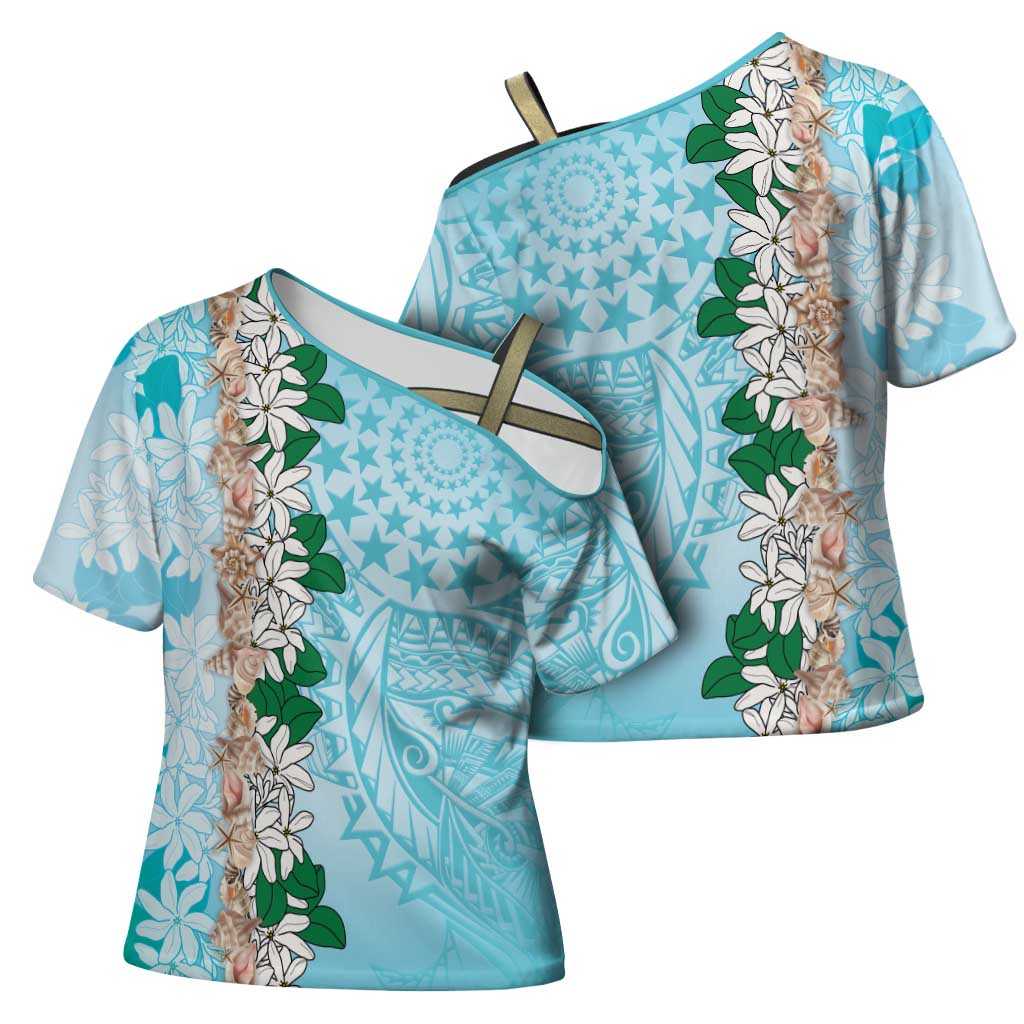 Cook Islands Tiare Maori With Conch Shell Cross Shoulder Shirt Pasifika Fest Polynesian Tattoo Turquoise