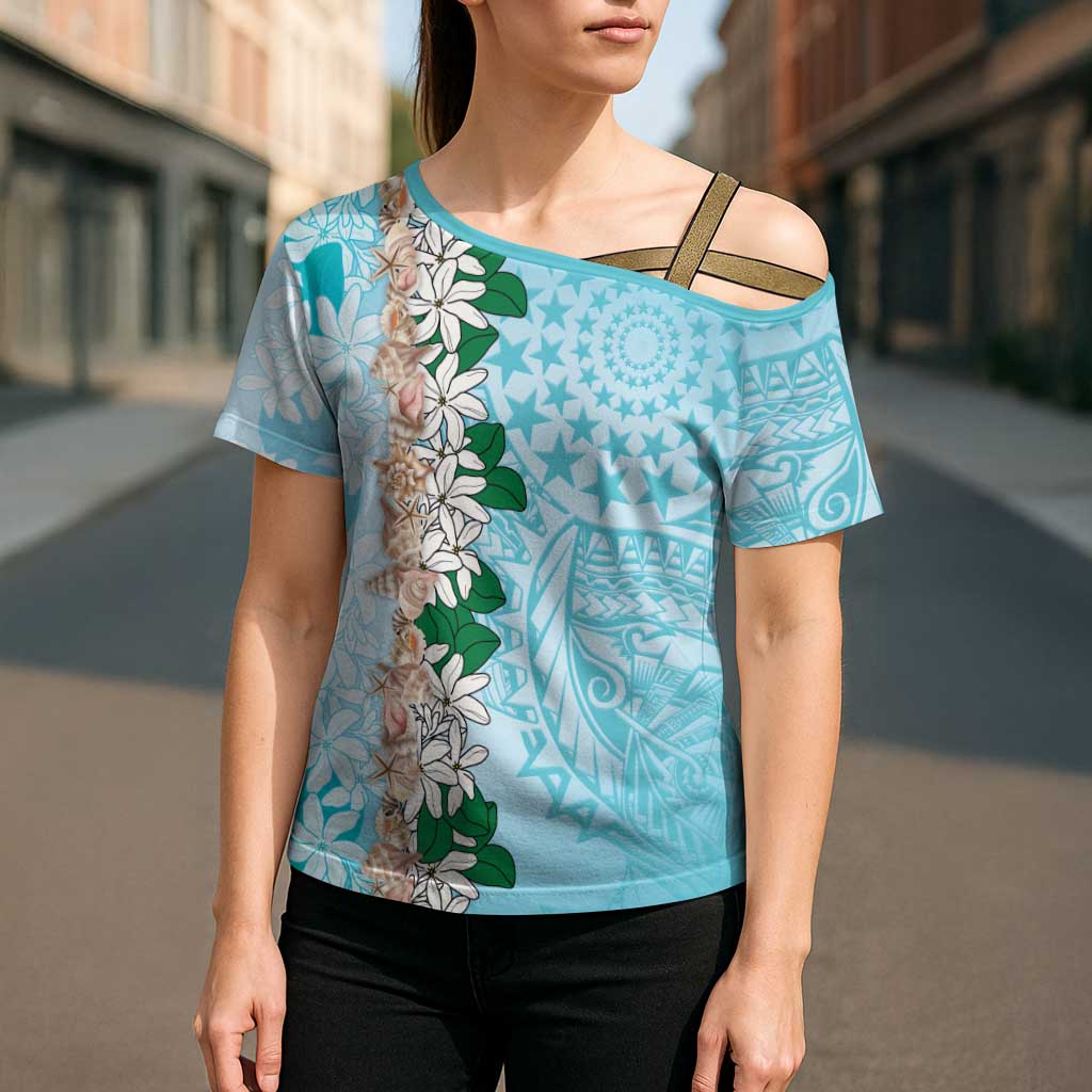 Cook Islands Tiare Maori With Conch Shell Cross Shoulder Shirt Pasifika Fest Polynesian Tattoo Turquoise