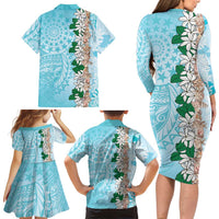 Cook Islands Tiare Maori With Conch Shell Family Matching Long Sleeve Bodycon Dress and Hawaiian Shirt Pasifika Fest Polynesian Tattoo Turquoise LT14 - Polynesian Pride