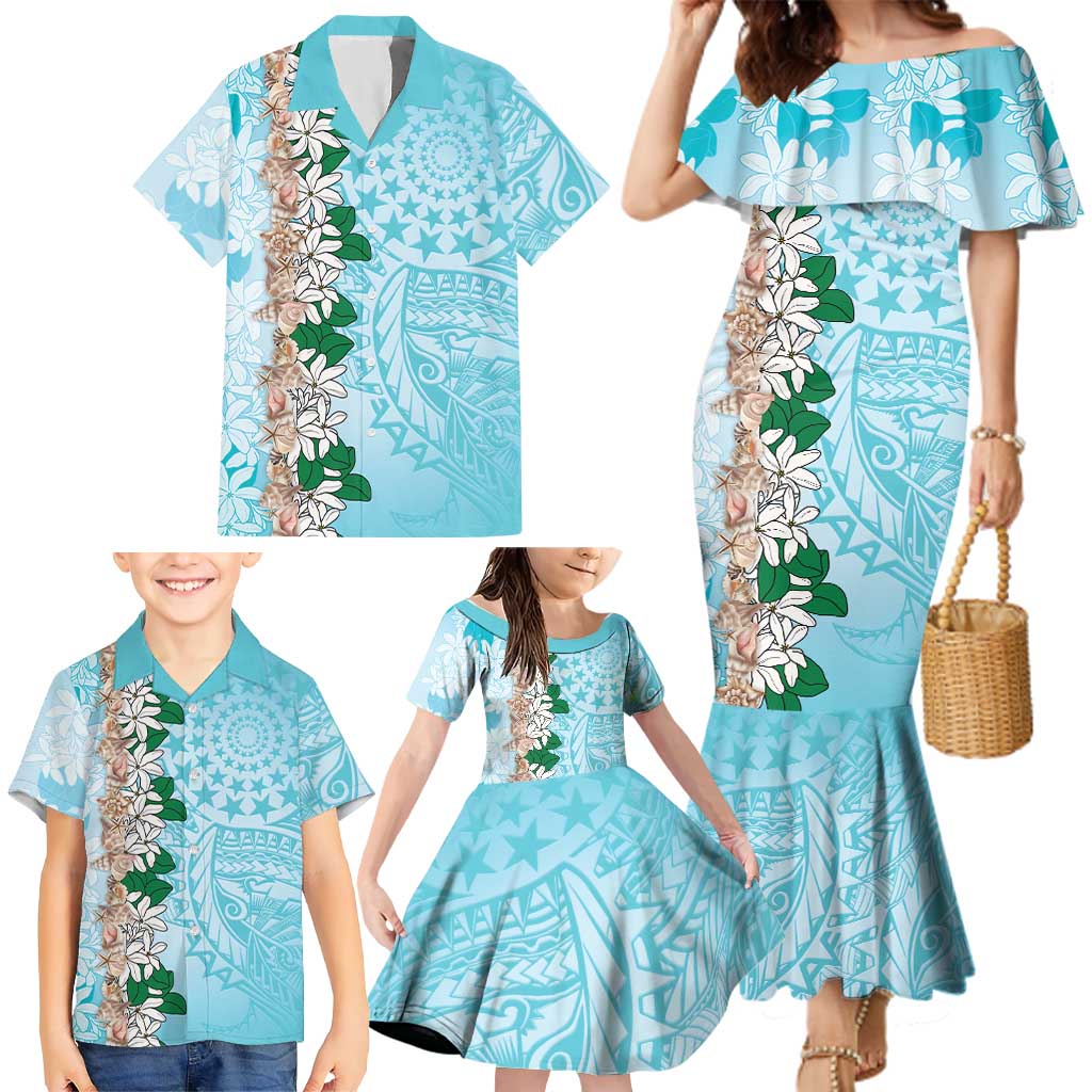 Cook Islands Tiare Maori With Conch Shell Family Matching Mermaid Dress and Hawaiian Shirt Pasifika Fest Polynesian Tattoo Turquoise LT14 - Polynesian Pride
