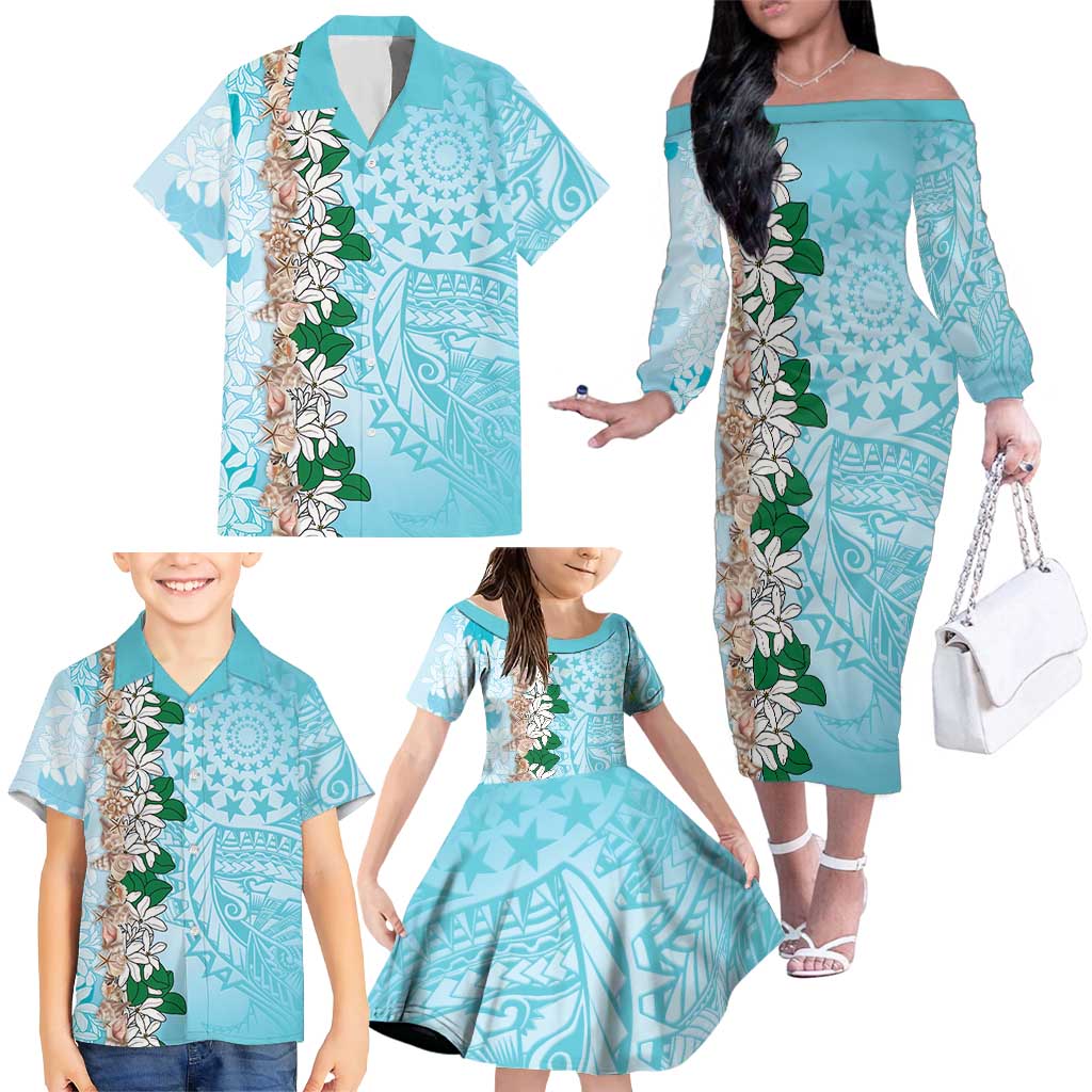 Cook Islands Tiare Maori With Conch Shell Family Matching Off The Shoulder Long Sleeve Dress and Hawaiian Shirt Pasifika Fest Polynesian Tattoo Turquoise