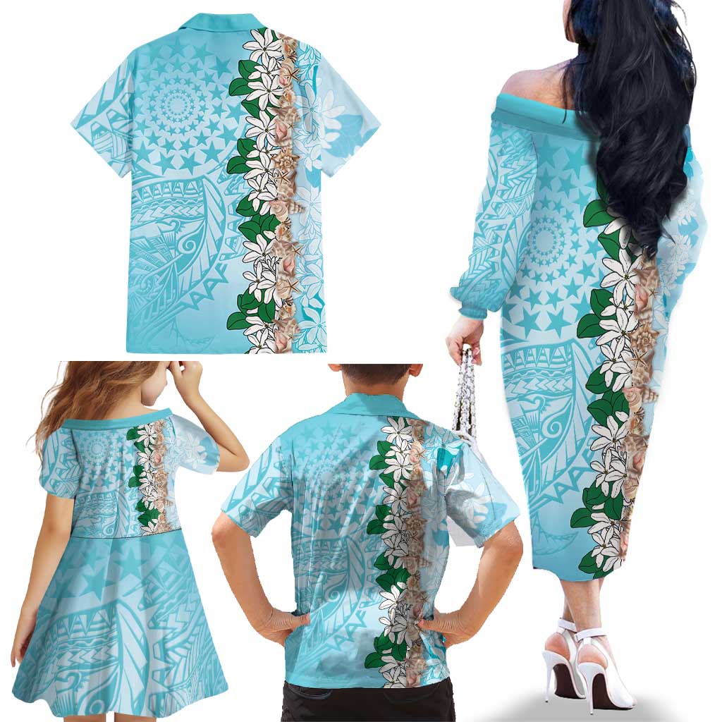 Cook Islands Tiare Maori With Conch Shell Family Matching Off The Shoulder Long Sleeve Dress and Hawaiian Shirt Pasifika Fest Polynesian Tattoo Turquoise LT14 - Polynesian Pride