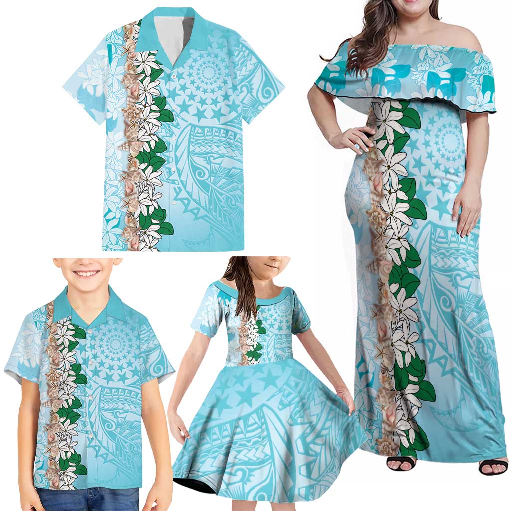 Cook Islands Tiare Maori With Conch Shell Family Matching Off Shoulder Maxi Dress and Hawaiian Shirt Pasifika Fest Polynesian Tattoo Turquoise LT14 - Polynesian Pride