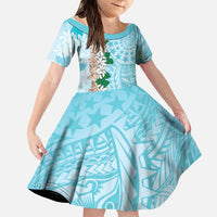 Cook Islands Tiare Maori With Conch Shell Family Matching Puletasi and Hawaiian Shirt Pasifika Fest Polynesian Tattoo Turquoise LT14 Daughter's Dress Turquoise - Polynesian Pride