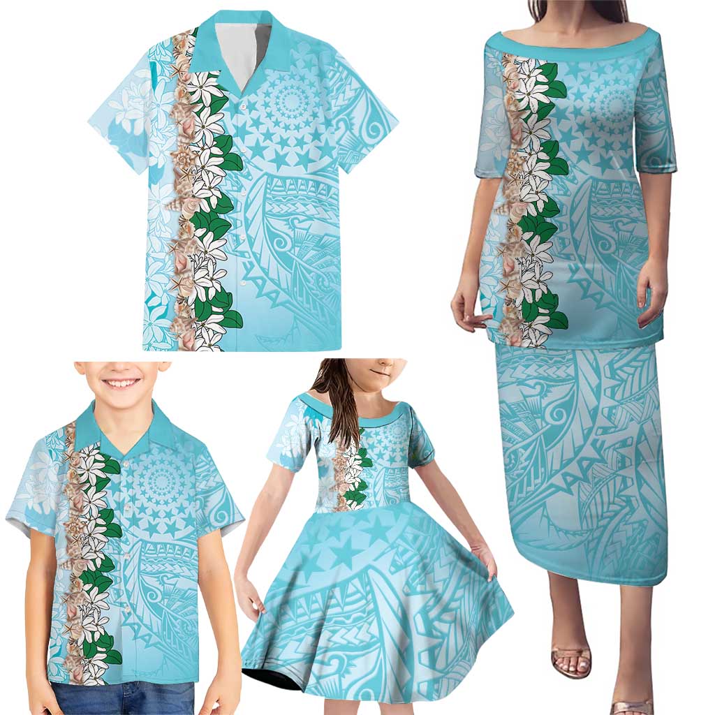 Cook Islands Tiare Maori With Conch Shell Family Matching Puletasi and Hawaiian Shirt Pasifika Fest Polynesian Tattoo Turquoise LT14 - Polynesian Pride