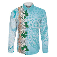 Cook Islands Tiare Maori With Conch Shell Family Matching Tank Maxi Dress and Hawaiian Shirt Pasifika Fest Polynesian Tattoo Turquoise LT14 Dad's Shirt - Long Sleeve Turquoise - Polynesian Pride