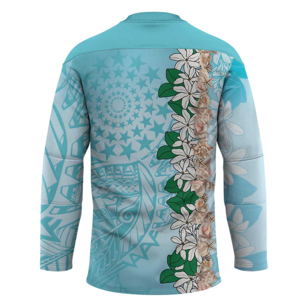 Cook Islands Tiare Maori With Conch Shell Hockey Jersey Pasifika Fest Polynesian Tattoo Turquoise