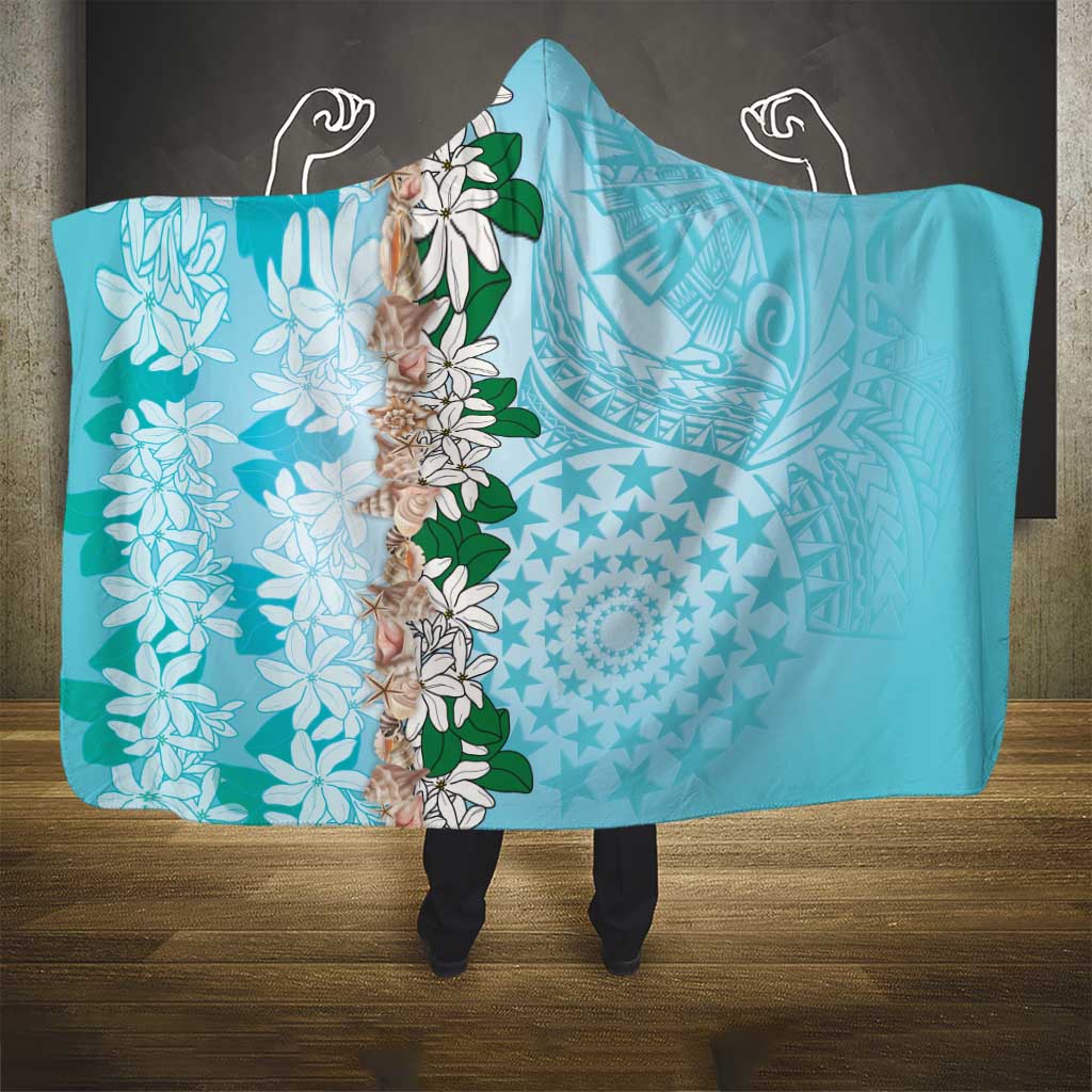 Cook Islands Tiare Maori With Conch Shell Hooded Blanket Pasifika Fest Polynesian Tattoo Turquoise