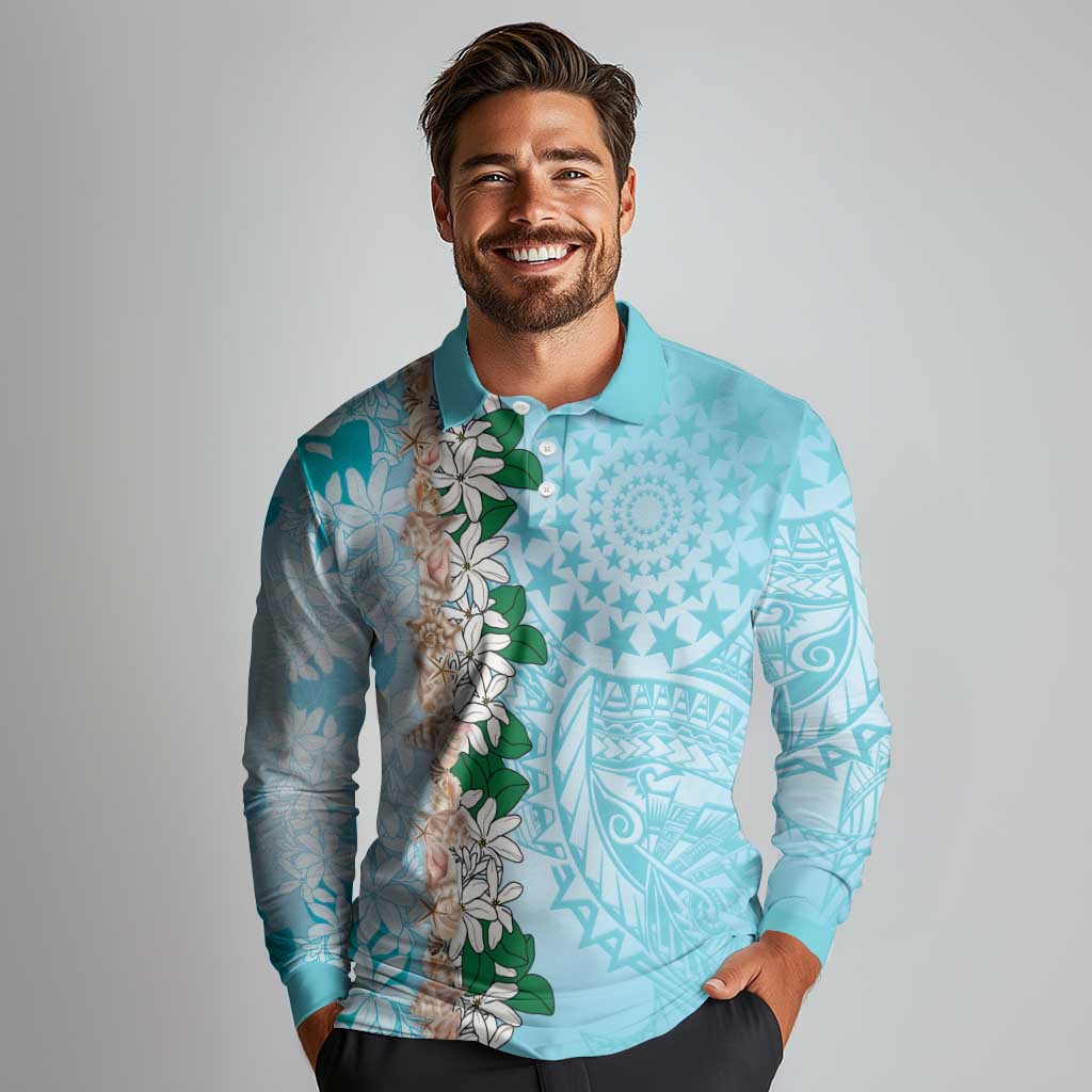 Cook Islands Tiare Maori With Conch Shell Long Sleeve Polo Shirt Pasifika Fest Polynesian Tattoo Turquoise