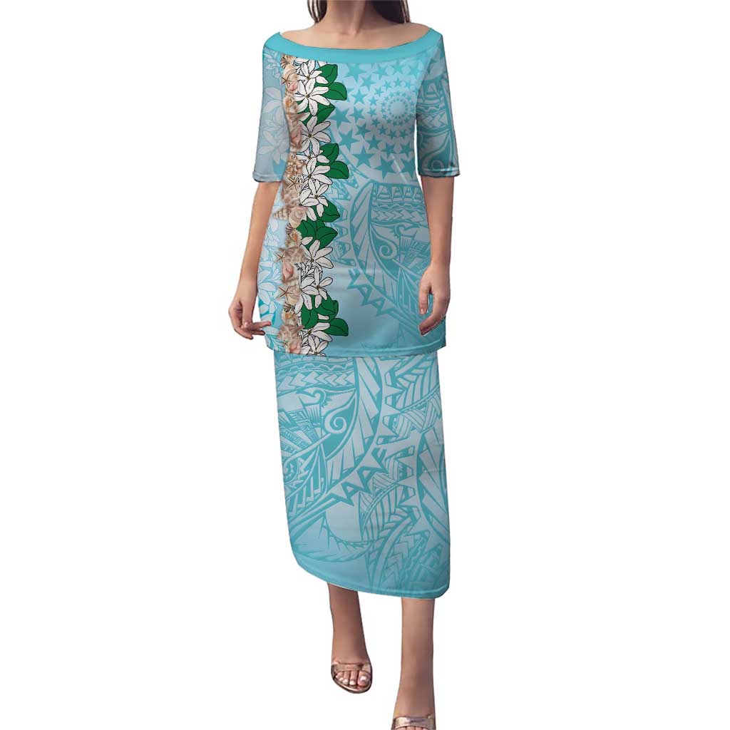 Cook Islands Tiare Maori With Conch Shell Puletasi Pasifika Fest Polynesian Tattoo Turquoise LT14 Long Dress Turquoise - Polynesian Pride