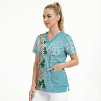 Cook Islands Tiare Maori With Conch Shell Scrub Top Pasifika Fest Polynesian Tattoo Turquoise
